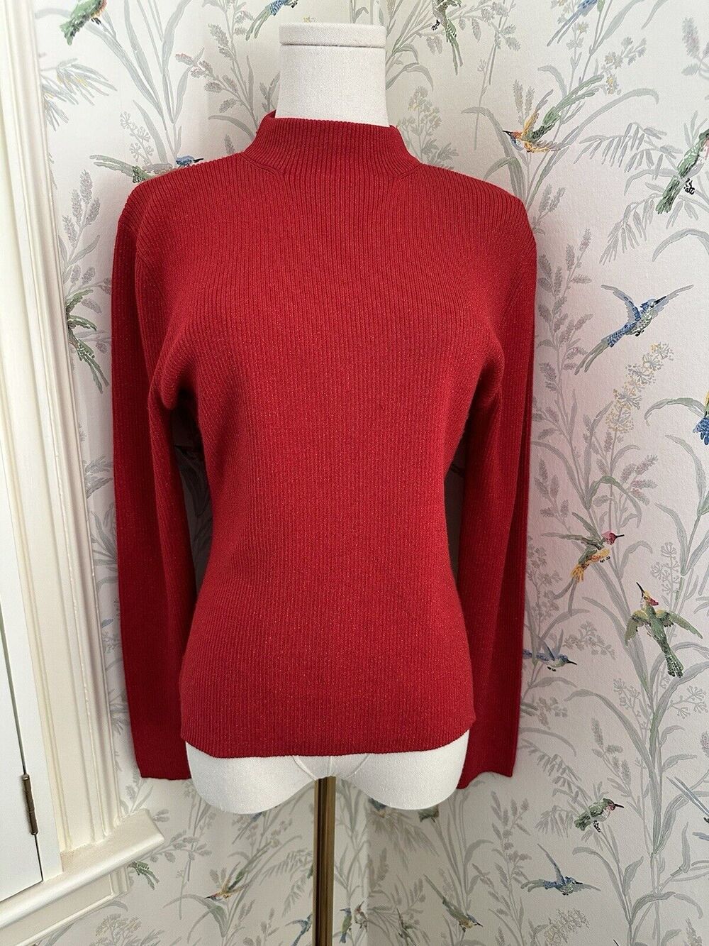 Draper's & Damon's Vintage Silk Sweater Red Sparkle Women's L Mock Neck Pullover